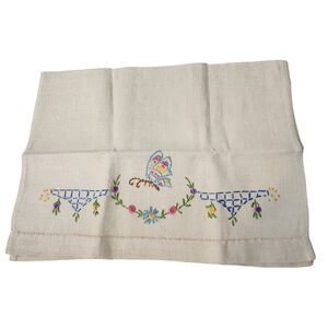 VTG LG LINEN KITCHEN DISH TEA EMBROIDERED TOWEL WITH BUTTERFLY COLORFUL FLOWERS